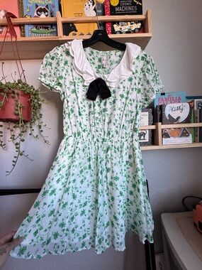 Women's White Dress with Green Floral Print and Black Bow